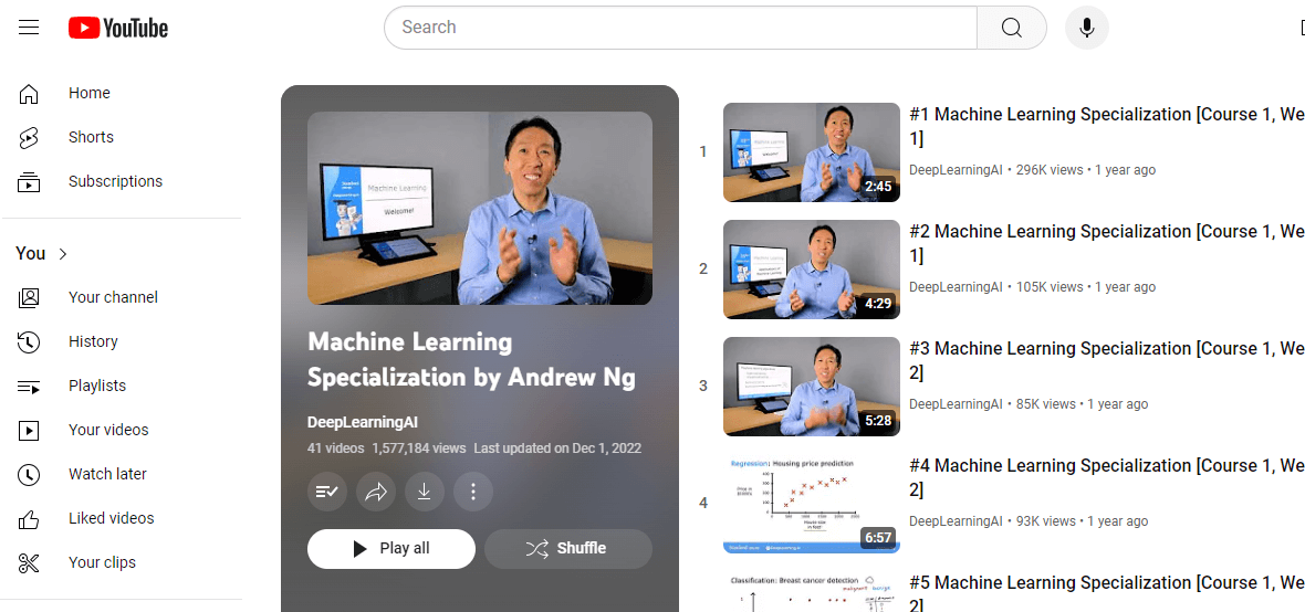 Screenshot of youtube Andrew Ng's playlist