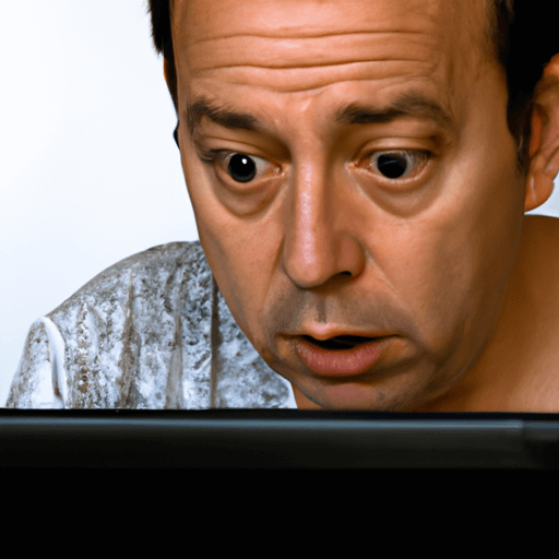 Man surprised staring at laptop