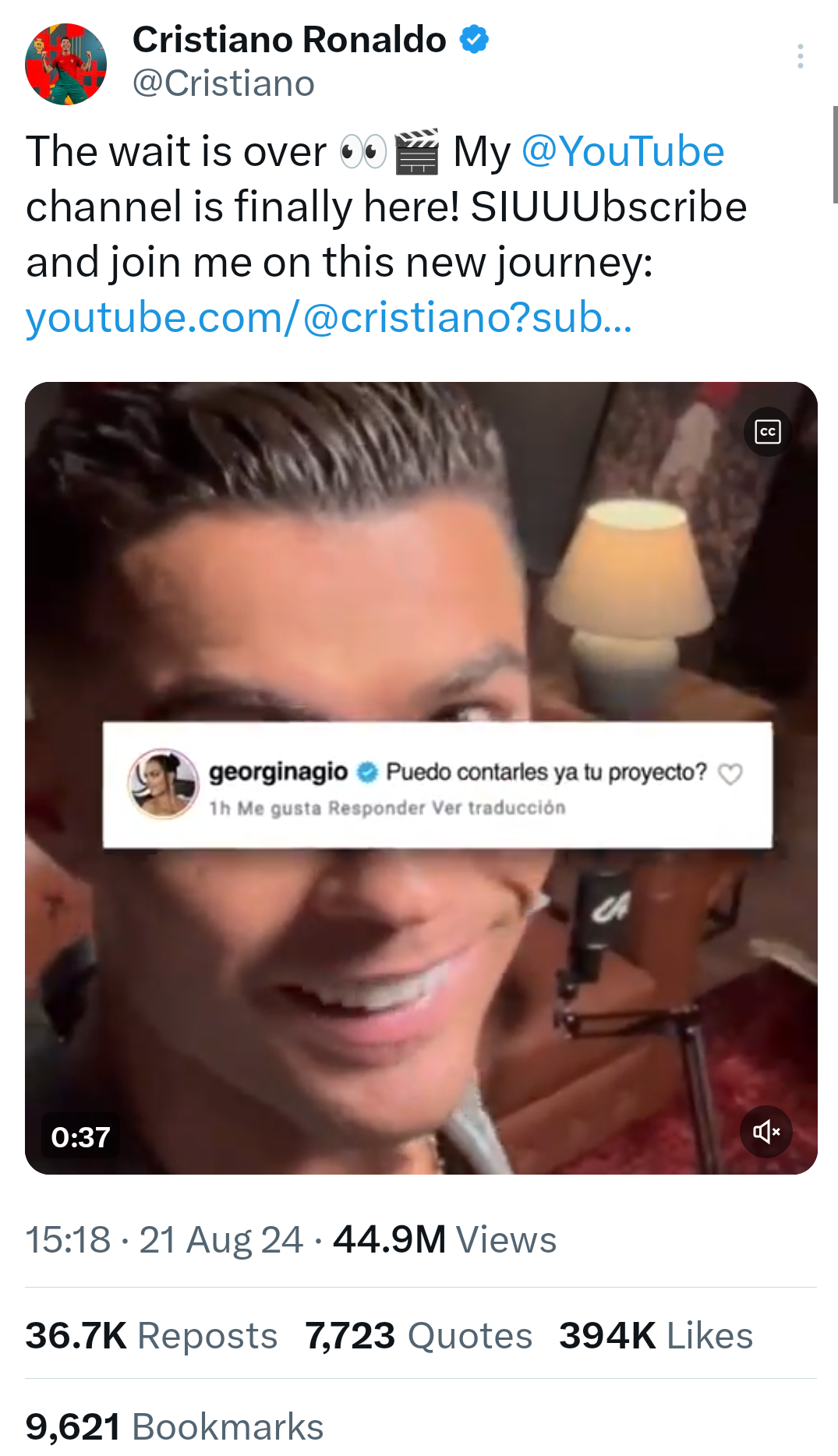 Screenshot of Ronaldo's YouTube tweet