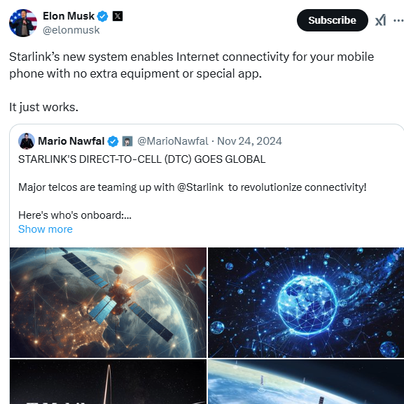 Screenshot of Elon Musk's tweet of direct to cell service