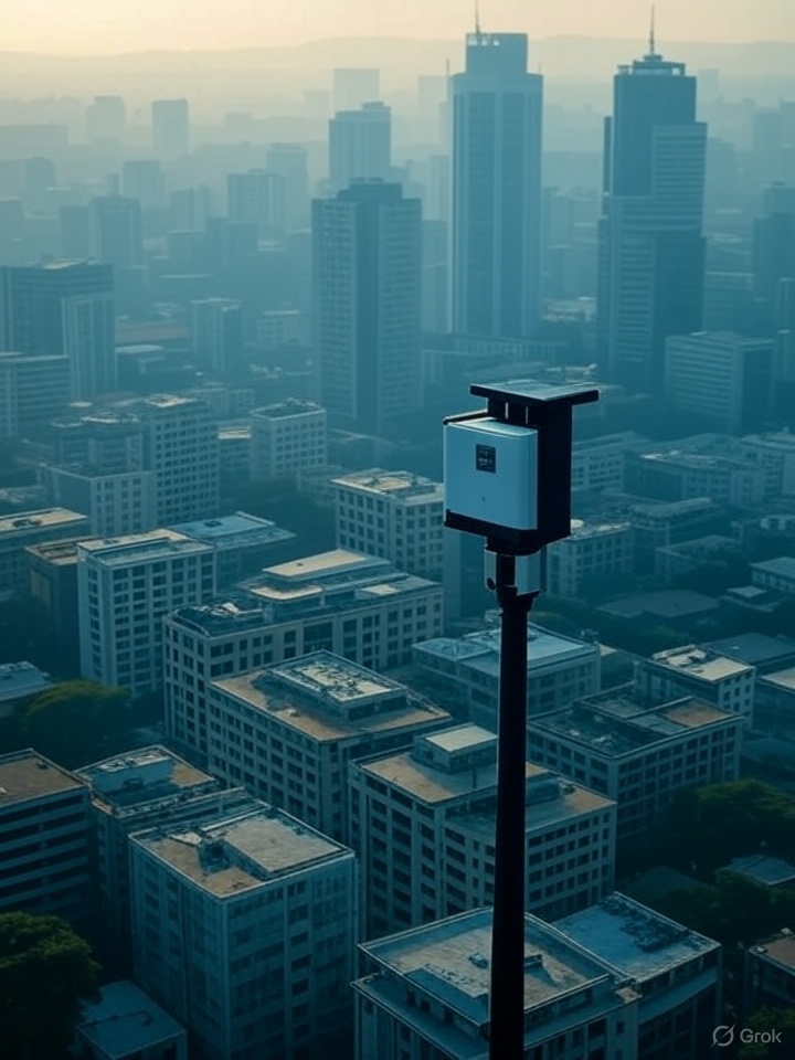 Air quality sensor on a pole with city skyline on a foggy background