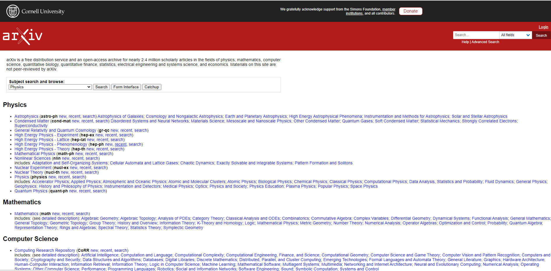 arXiv home page screenshot 