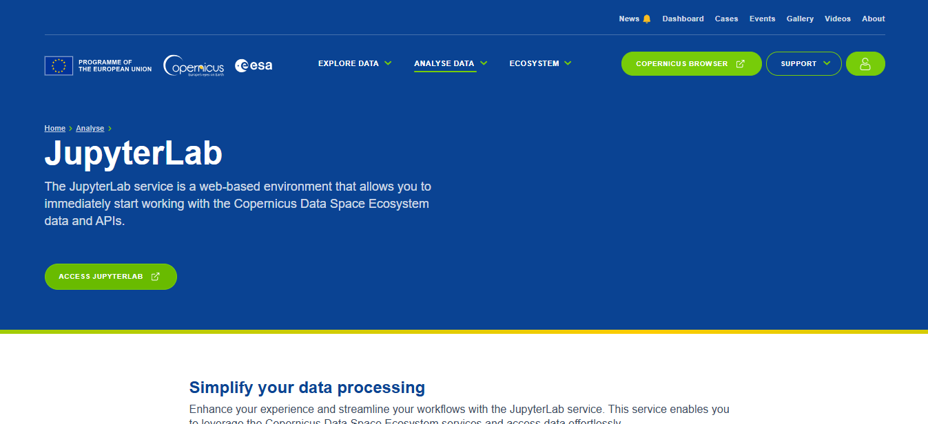 Screenshot of copernicus jupyter notebook for data analysis launch page