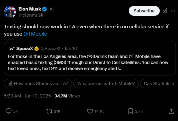 Screenshot of tweet announcing that direct to cell was available in LA