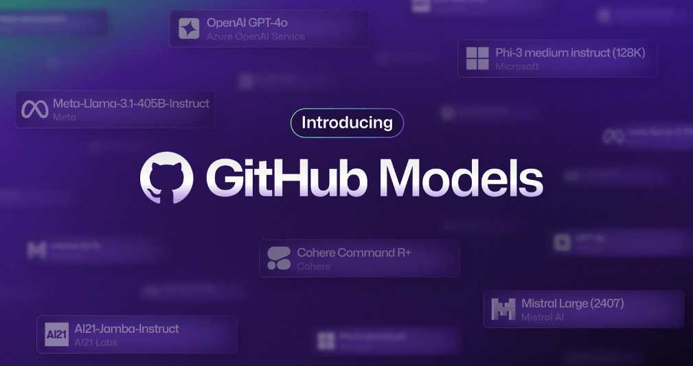 Alt Text: The graphic is a promotional banner for the introduction of "GitHub Models." It features a dark purple background with various AI model names listed with the GitHub logo at the center.