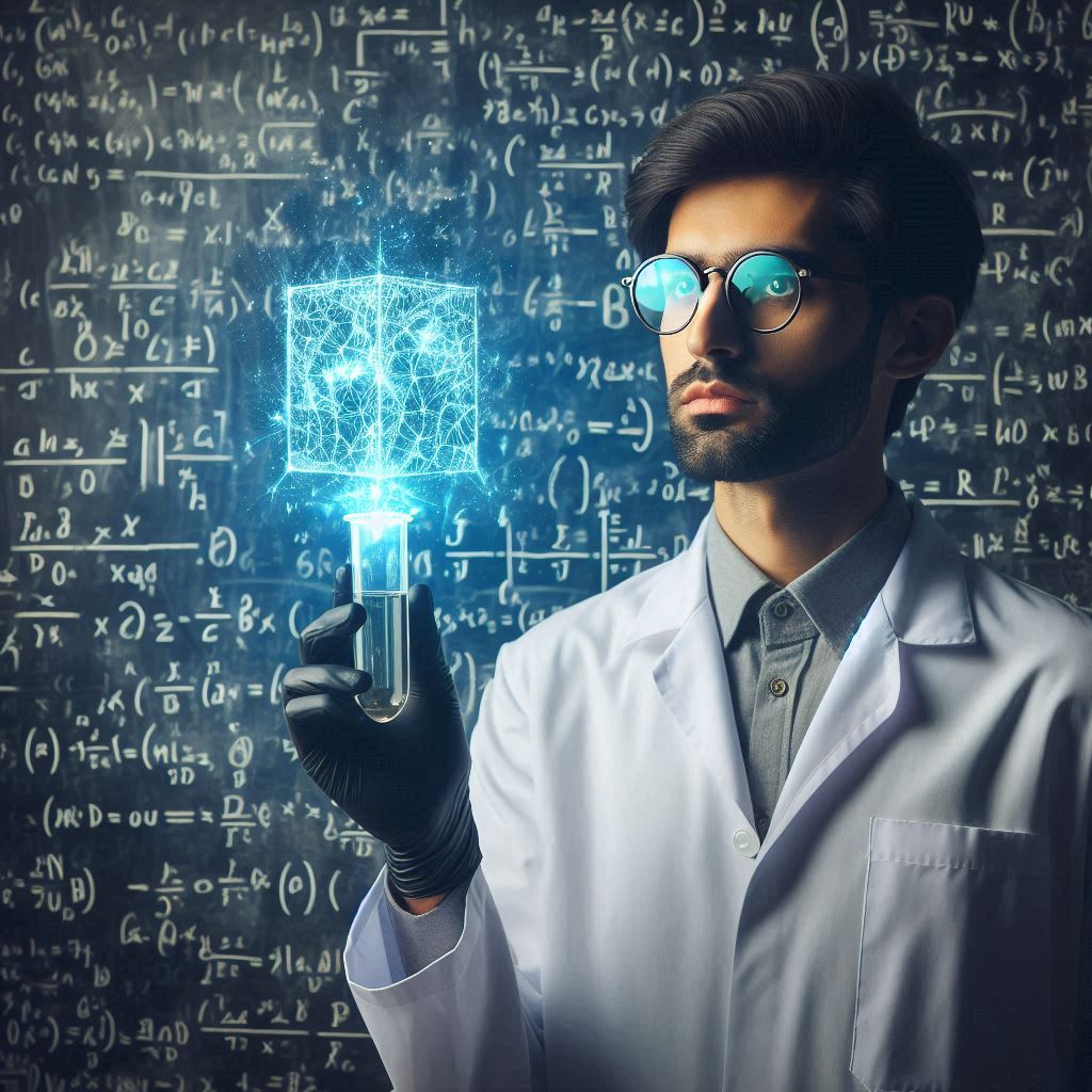 man holding glowing test tube background with math equations 