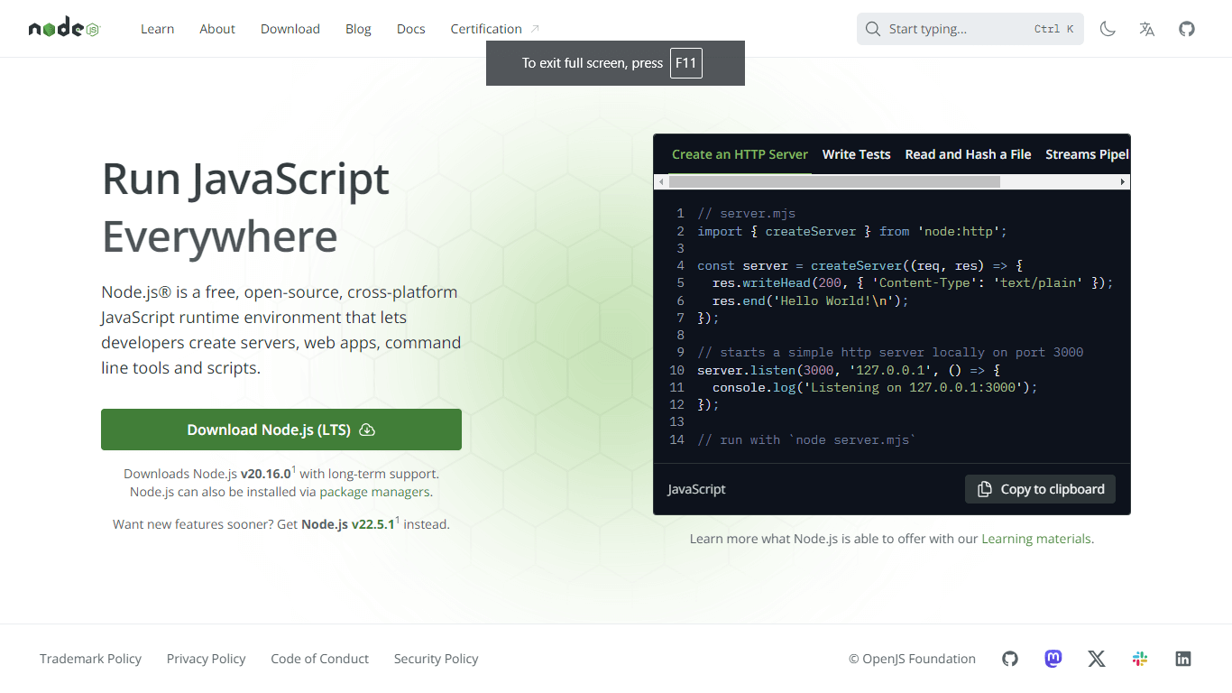 NodeJs site July 2024 screenshot 