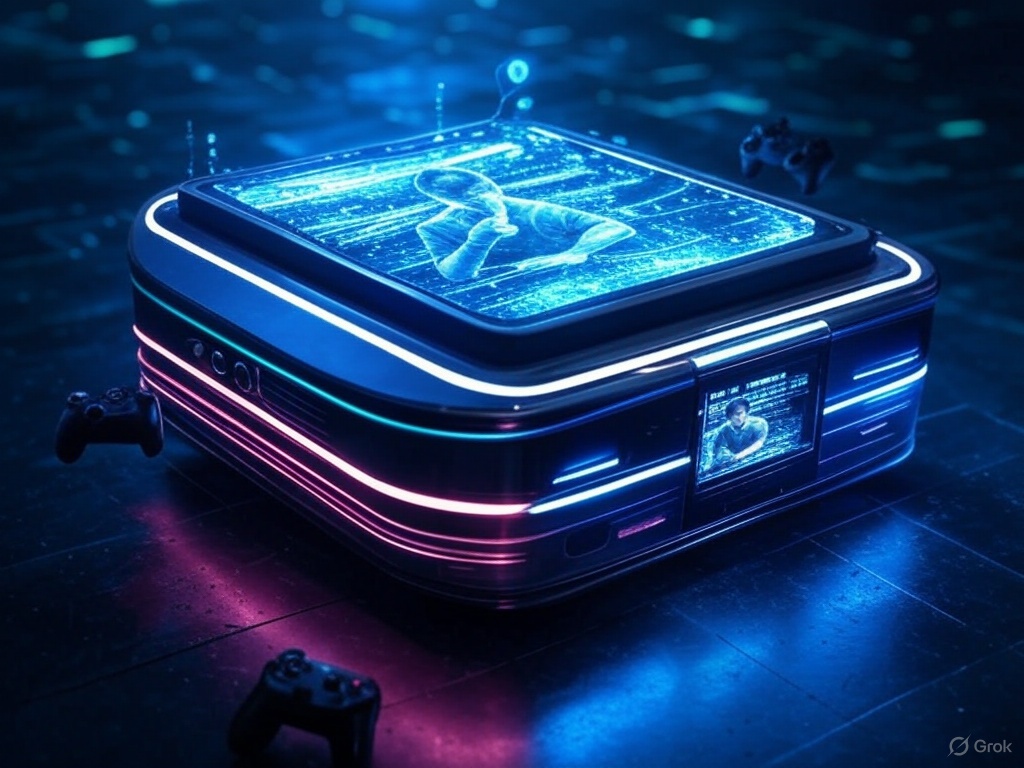 Neon glowing tech with game controllers around a center console