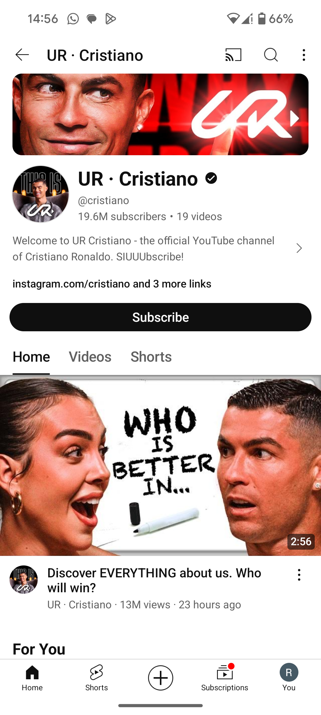 Screenshot of Ronaldo's YouTube channel on mobile