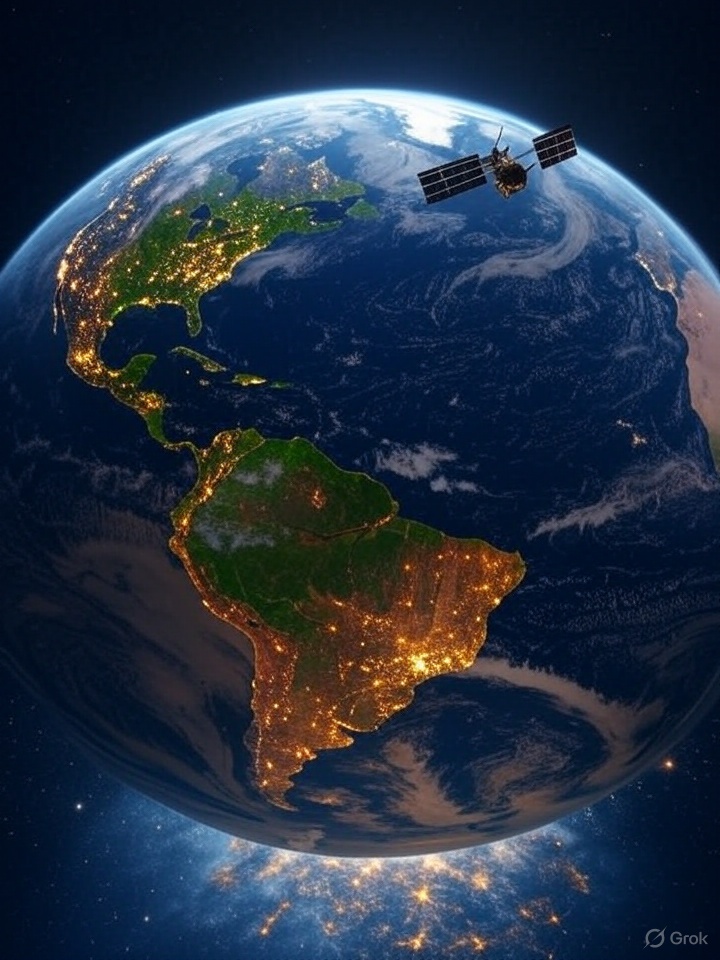 a satellite orbiting Earth, a view of Earth with data overlays focusing on the Americas, showing analysis of satellite data.