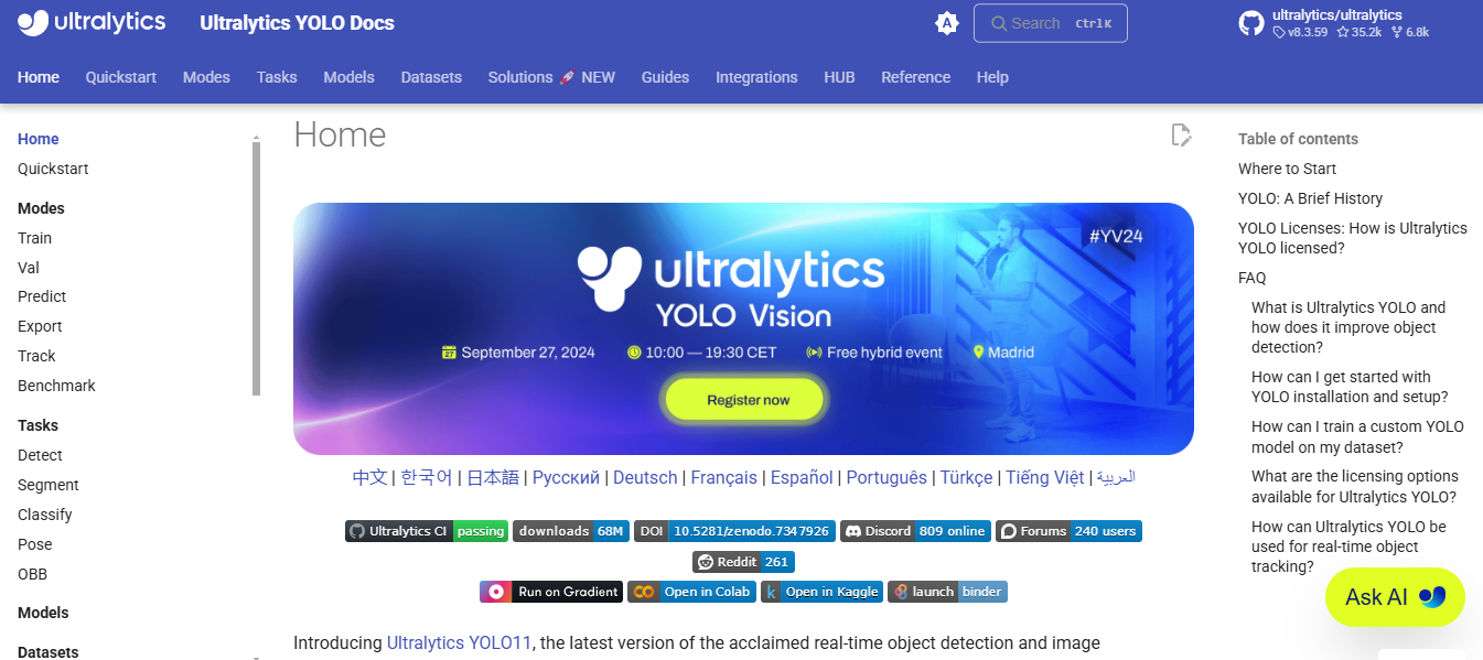 Screenshot of ultralytics yolo page